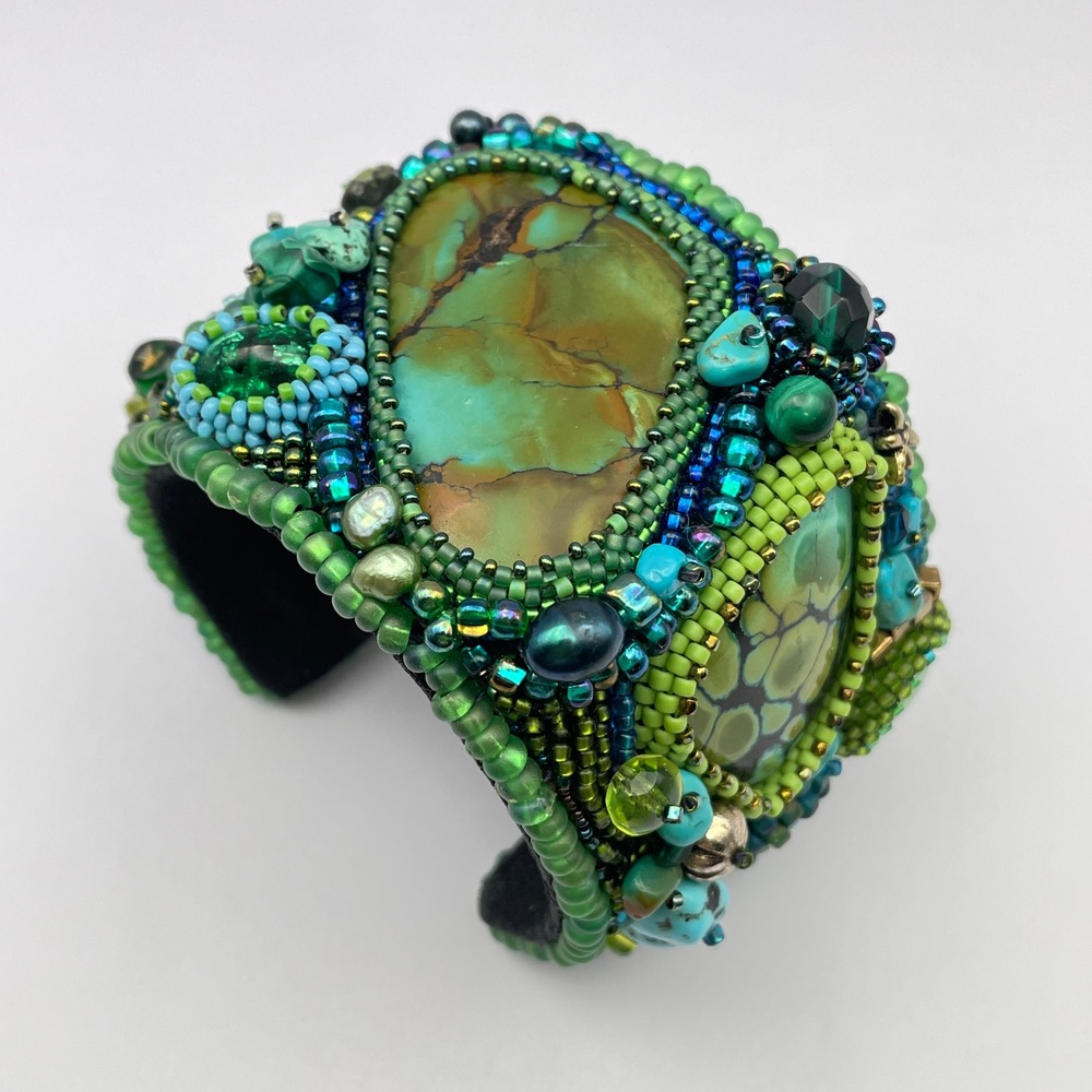 LARGE Beaded Turquoise Boho Cuff Bracelet Adjustable Statement Chunky Bracelet - Picture 4 of 17